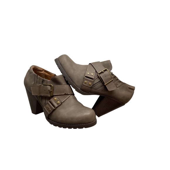 Madeline Girl Women's Taupe Faux Leather Ankle Boots Buckle Block Heel Zip - Picture 1 of 6